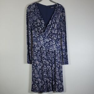 Ralph Lauren Faux Wrap Dress Size 4/S Blue Stretch Ruched Long Sleeve Floral